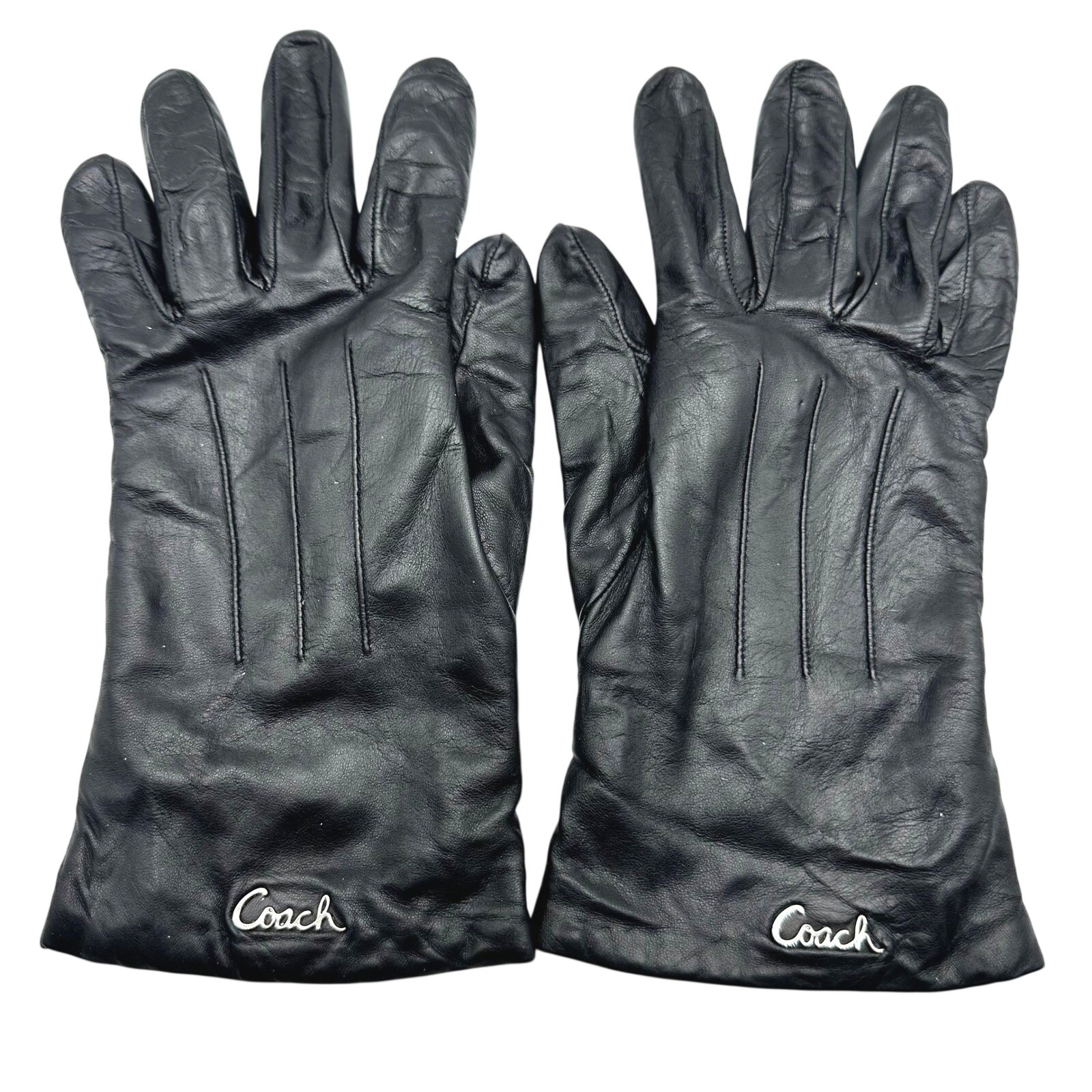 Vintage Coach Women Black Leather Cashmere Lined Gloves Silver Script Logo (8)
